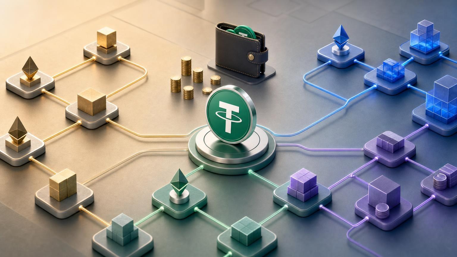 USDT tokens moving through different blockchain networks with separate fee, address, and transaction confirmation paths